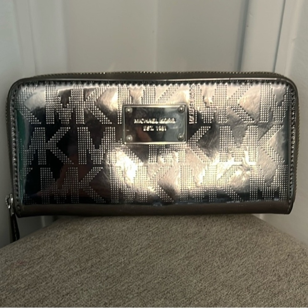 Michael Kors Metallic Silver MK Logo Zip Around Wallet